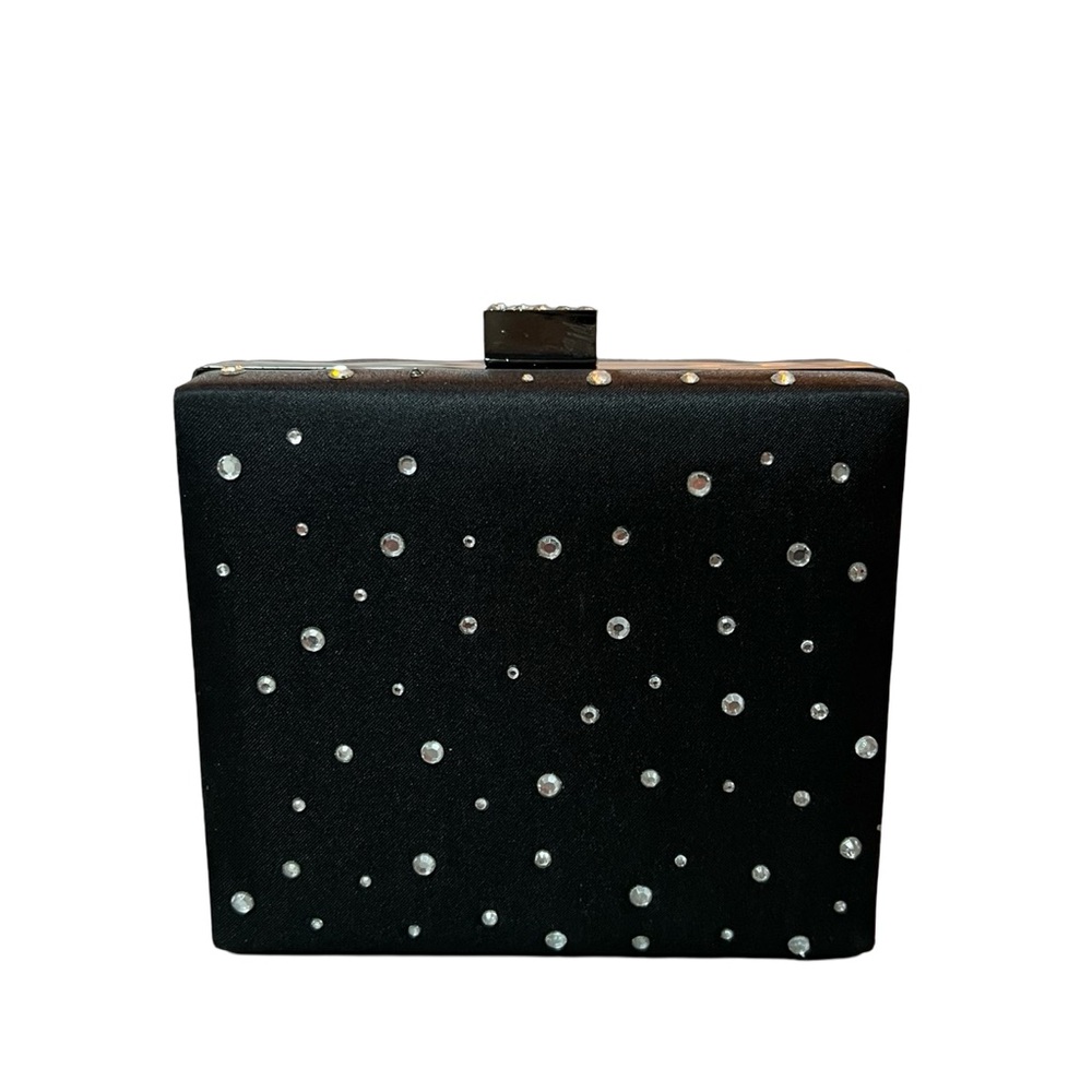 Black satin fabric clutch with gems